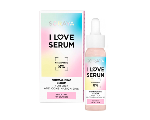 SORAYA I LOVE SERUM Сыворотка нормализующая с ниацинамидомНиацинамид (8%) – производное витамина В3, также известного как витамин РР. Это сильный антиоксидант, положительно влияющий на состояние кожи, склонной к акне. Регулирует работу сальных желез и сни